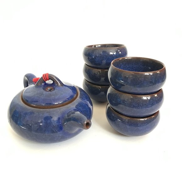 Other - Asian Blue Ice Crackle Glazed Terracotta Teapot and Tea Cup Set - 7 Pieces